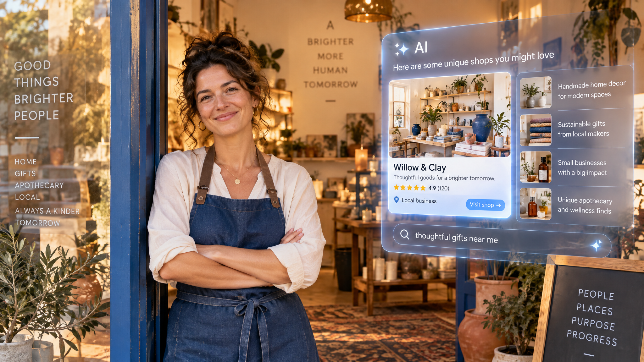 Friendly small shop owner whose business is being surfaced by an AI search tool