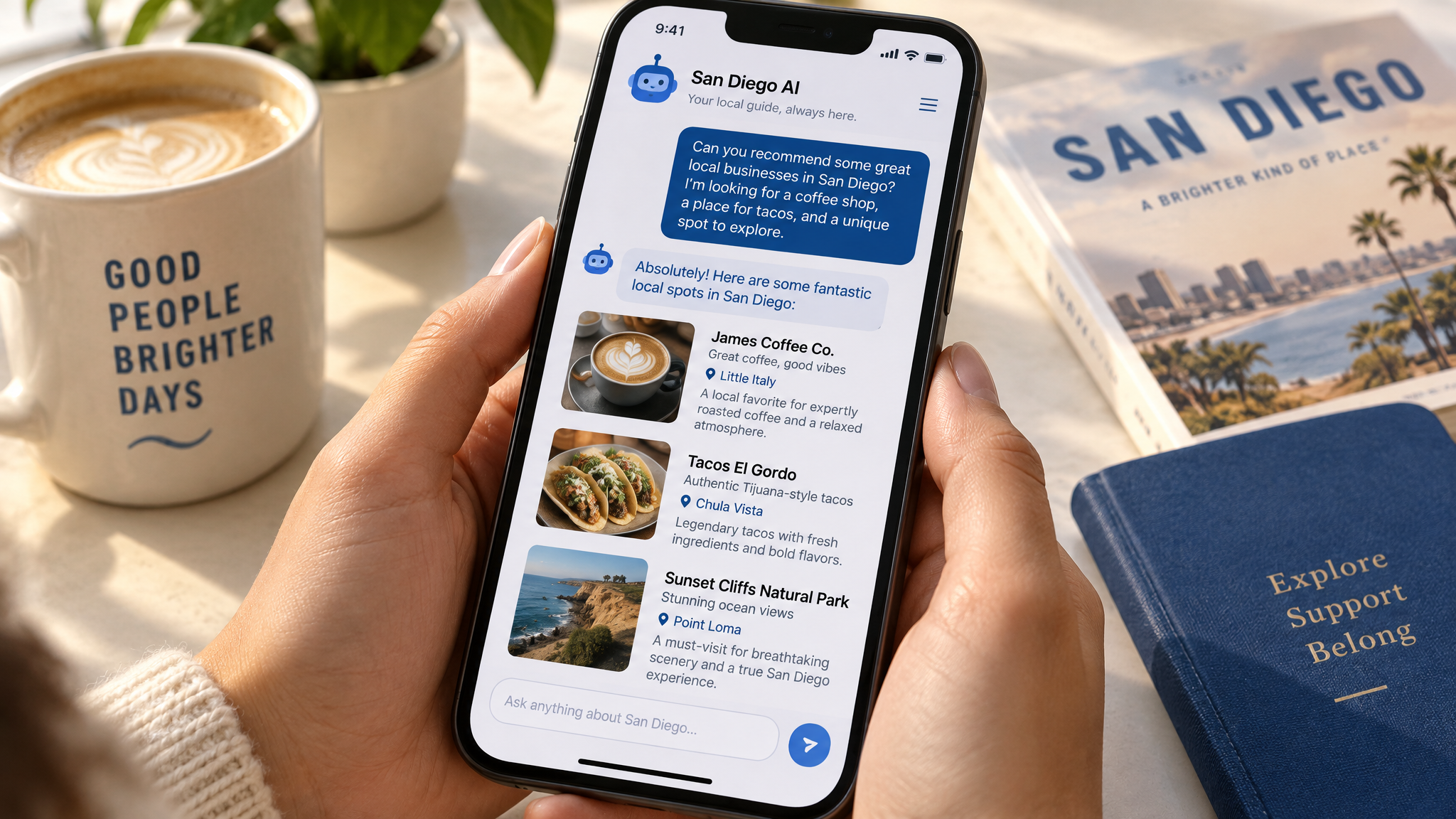Smartphone showing an AI chatbot recommending local businesses inside a generated answer