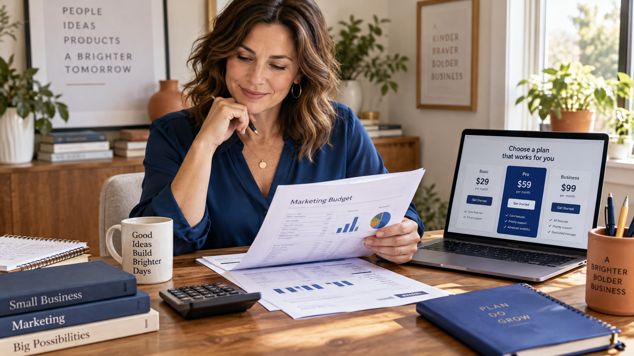 Small business owner reviewing a local SEO marketing budget at a desk with a laptop and calculator